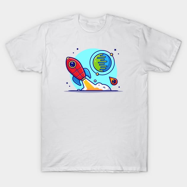 Rocket Taking Off with Planet and Meteorite Cartoon Vector Icon Illustration T-Shirt by Catalyst Labs